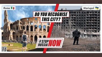 Wojna w Ukrainie. Polski billboard przed Koloseum w Rzymie. "Stop rosyjskiej masakrze"