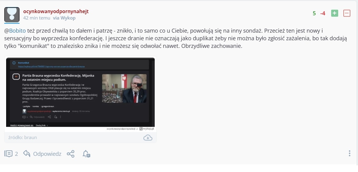 Na wykopie najnowszy sondaż w którym partia Brauna jest na podium został ocenzurowany "Obrzydliwe zachowanie" XD