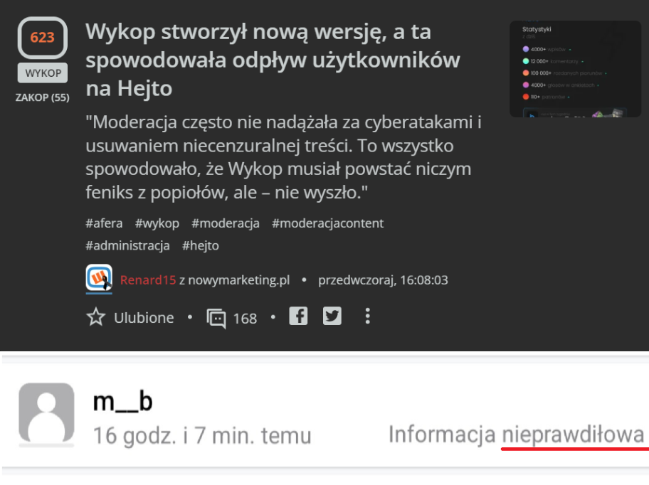 Michał Białek zakopuje informację o odpływie użytkowników z wykopu, ale nawet w typie zakopu jest literówka