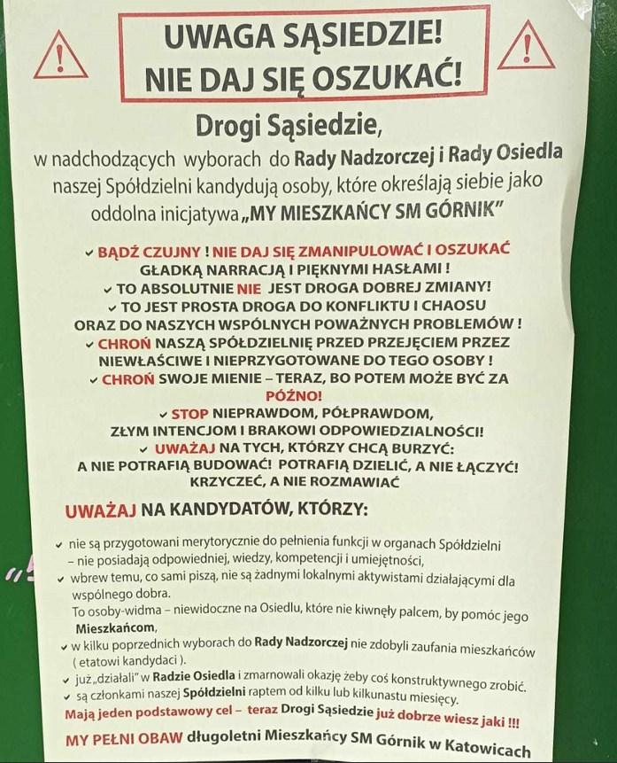 Dalsza część naszej batalii o Spółdzielnię Mieszkaniową. Ktoś wynajął ludzi do roznoszenia ulotek szkalujących opozycyjnych kandydatów do RN
