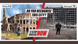 Wojna w Ukrainie. Polski billboard przed Koloseum w Rzymie. "Stop rosyjskiej masakrze"