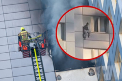 Pożar w Belinie. Kobieta skoczyła z 11. piętra prosto do kosza strażaków