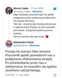 Przyszedł do apteki z receptą na lek dla konia. Trafił na komisariat, bo farmaceutka uznała, że specyfik posłuży do aborcji