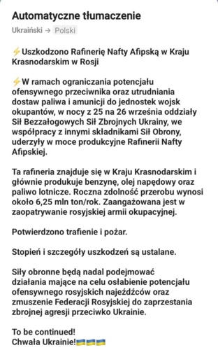 Od Sztabu Generalnego Sił Zbrojnych Ukrainy #ukraina #wojna #rosja #rafinerie #generalstaffzsu - Mikuuuus - Hejto.pl