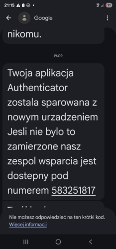 Dostał ktoś kiedyś taki SMS od #google ? Serio pytam. Nie używam authenticatora Google, ponadto wg devices.google - Heheszki - Hejto.pl