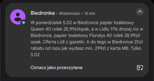 SMS z Biedronki xD no to już jest lekka przesada żeby w niedzielę smsy o cenach srajtaśmy wysyłać xD coraz - evilonep - Hejto.pl