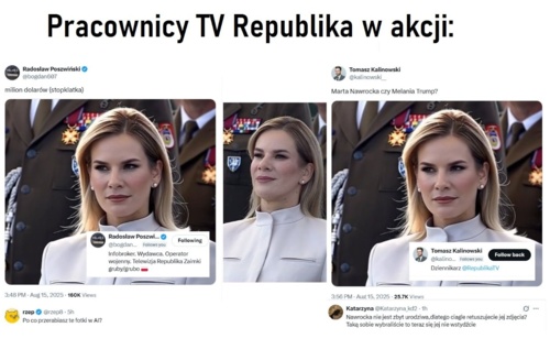 O panie republika musi wrzucać fotki Marty Nawrockiej przerobione przez AI bo nawet oni nie wierzą, że wygląda jak - maximilianan - Hejto.pl