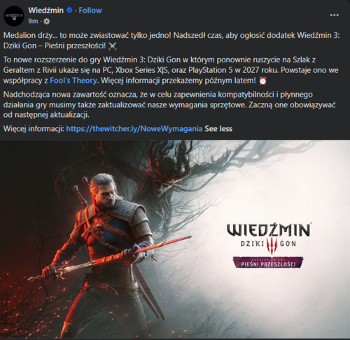 Będzie nowy dodatek do Wiedźmina 3: Pieśni przeszłości pojawią się w 2027 roku #wiedzmin #gry #owcacontent - bojowonastawionaowca - Hejto.pl