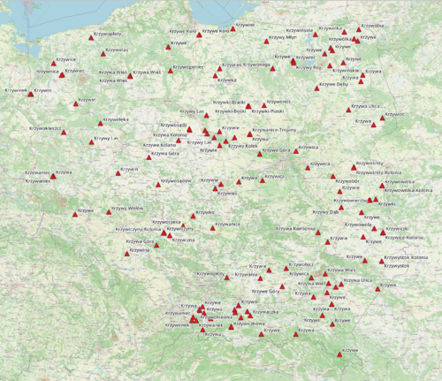 Krzywe miejsca w Polsce #mapy #mapporn #zuchmapuje #ciekawostki #heheszki #polska #nazwymiejscowosci #qgis - zuchtomek - Hejto.pl
